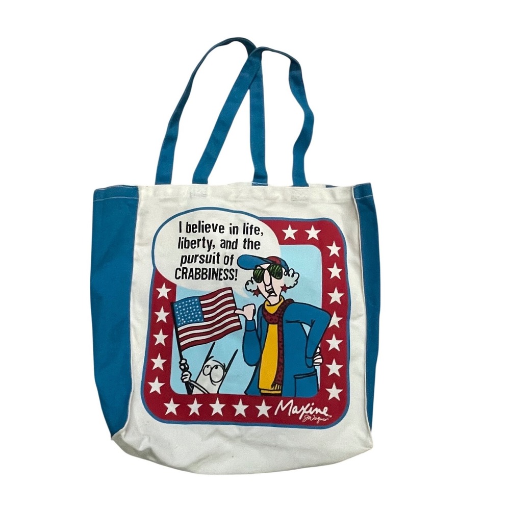 Maxine Hallmark Shoebox Canvas Tote Bag Blue White Crabbiness Patriotic Vintage - Picture 2 of 4